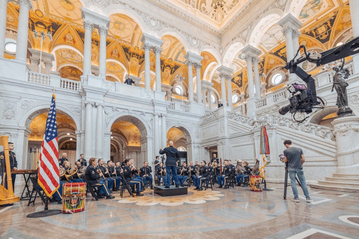 Soldiers from the Concert Band of the United States Army Field Band participate in a video production at the Library of Congress in Washington, D.C., June 15, 2026. The recording supported an upcoming PBS Veterans Day broadcast and highlighted the Army Field Band’s mission to connect with Americans, honor veterans and inspire future generations through musical excellence, storytelling and outreach. (U.S. Army photo by Staff Sgt. Raymond Maldonado)