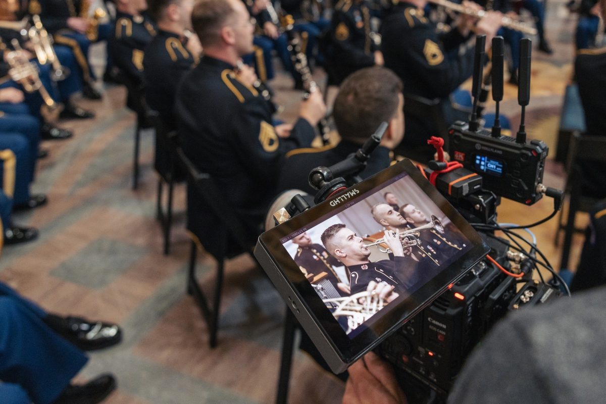 Soldiers from the Concert Band of the United States Army Field Band participate in a video production at the Library of Congress in Washington, D.C., June 15, 2026. The recording supported an upcoming PBS Veterans Day broadcast and highlighted the Army Field Band’s mission to connect with Americans, honor veterans and inspire future generations through musical excellence, storytelling and outreach. (U.S. Army photo by Staff Sgt. Raymond Maldonado)