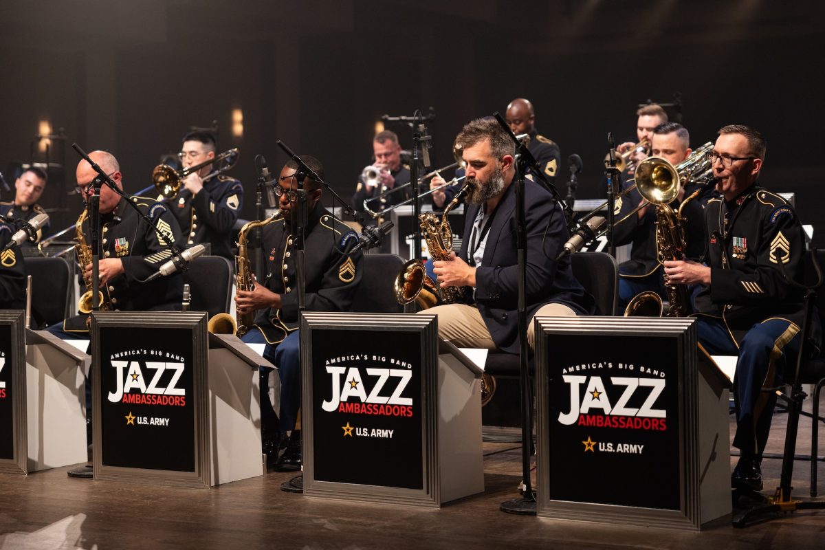 Former NFL player Jason Kelce performs with the Jazz Ambassadors of the United States Army Field Band during a video production at the Rachel M. Schlesinger Concert Hall and Arts Center at Northern Virginia Community College in Alexandria, Virginia, May 13, 2026. The production supported an upcoming PBS Veterans Day broadcast and highlighted the Army Field Band’s mission to connect with Americans, honor veterans and inspire future generations through music and outreach. (U.S. Army photo by Staff Sgt. Raymond Maldonado)
