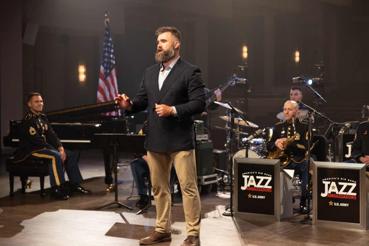 Former NFL player Jason Kelce performs with the Jazz Ambassadors of the United States Army Field Band during a video production at the Rachel M. Schlesinger Concert Hall and Arts Center at Northern Virginia Community College in Alexandria, Virginia, May 13, 2026. The production supported an upcoming PBS Veterans Day broadcast and highlighted the Army Field Band’s mission to connect with Americans, honor veterans and inspire future generations through music and outreach. (U.S. Army photo by Staff Sgt. Raymond Maldonado)