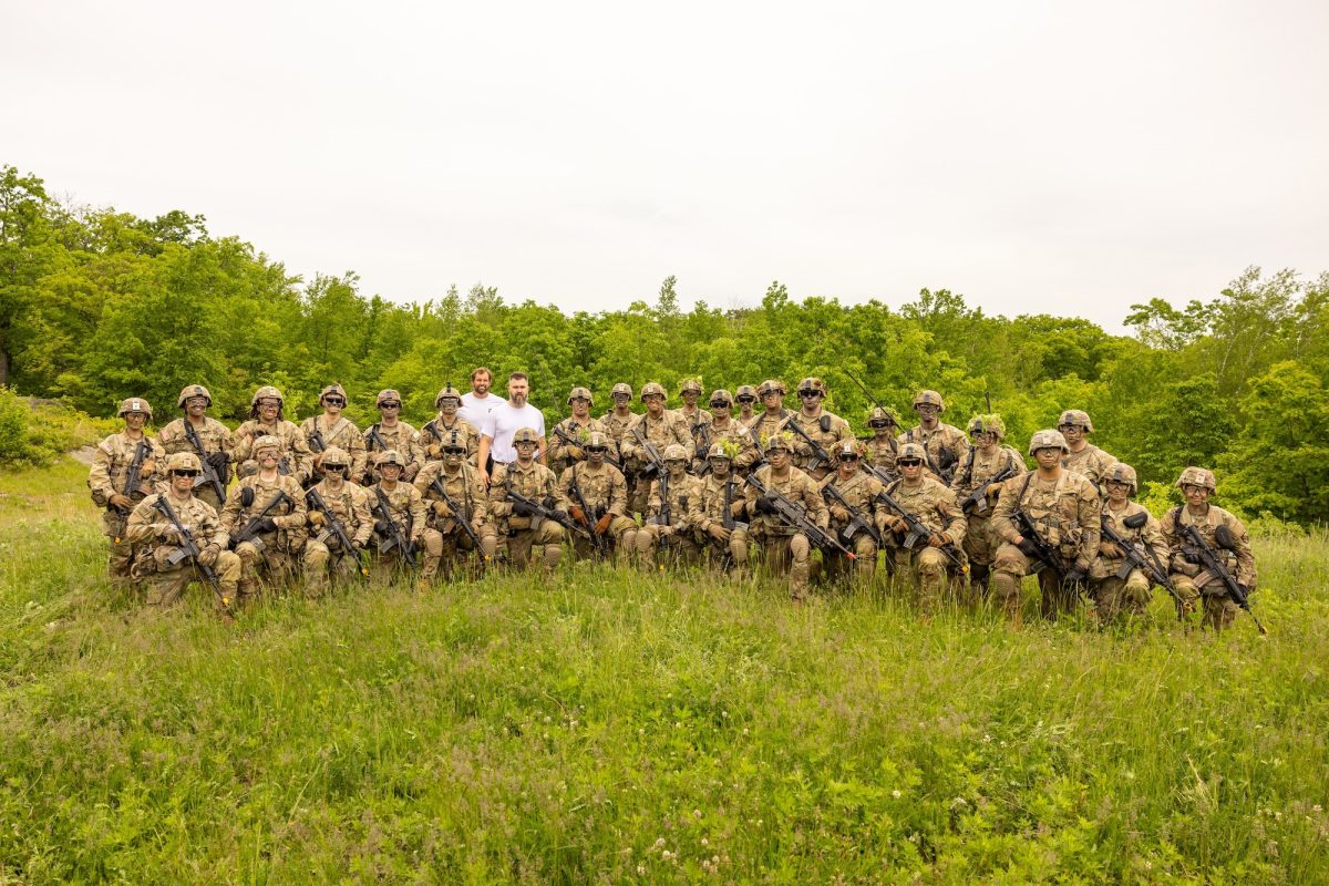 Former NFL players Jason Kelce and Alejandro Villanueva interact with cadets during a video production at the United States Military Academy at West Point, New York, May 2026. The visit included demonstrations of cadet life, Army traditions and academy history as part of a Veterans Day PBS production presented by the United States Army Field Band. The production highlighted the Army Field Band’s mission to connect with Americans, honor veterans and inspire future generations through storytelling, outreach and music. (U.S. Army photo by Staff Sgt. Raymond Maldonado)