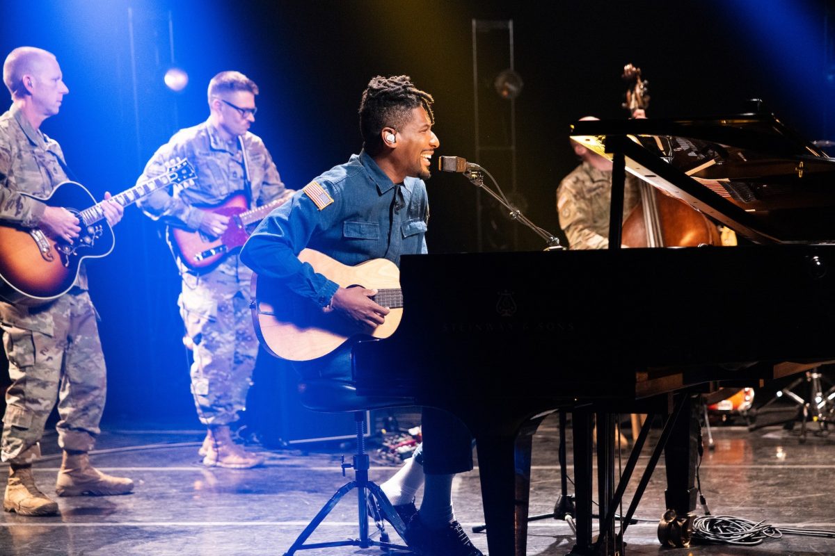 Soldiers from the Six-String Soldiers of the United States Army Field Band collaborate with musician Jon Batiste during a recording session at SUNY Purchase College in Westchester County, New York, May 11, 2026. The recording session supported a PBS production in recognition of Veterans Day and highlighted the Army Field Band’s mission to connect with Americans, honor veterans and inspire future generations through music and outreach. (U.S. Army photo by Staff Sgt. Raymond Maldonado)
