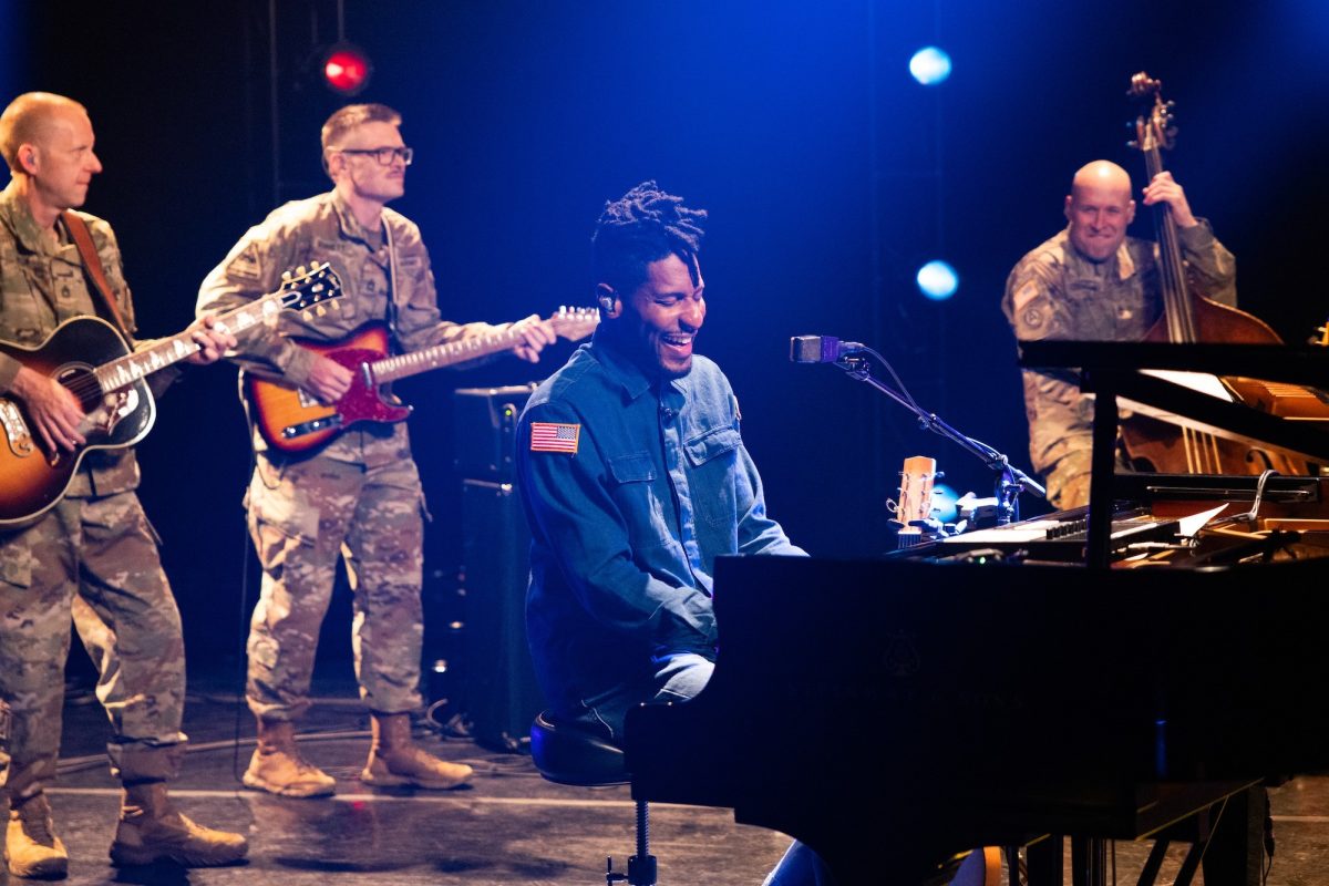 Soldiers from the Six-String Soldiers of the United States Army Field Band collaborate with musician Jon Batiste during a recording session at SUNY Purchase College in Westchester County, New York, May 11, 2026. The recording session supported a PBS production in recognition of Veterans Day and highlighted the Army Field Band’s mission to connect with Americans, honor veterans and inspire future generations through music and outreach. (U.S. Army photo by Staff Sgt. Raymond Maldonado)