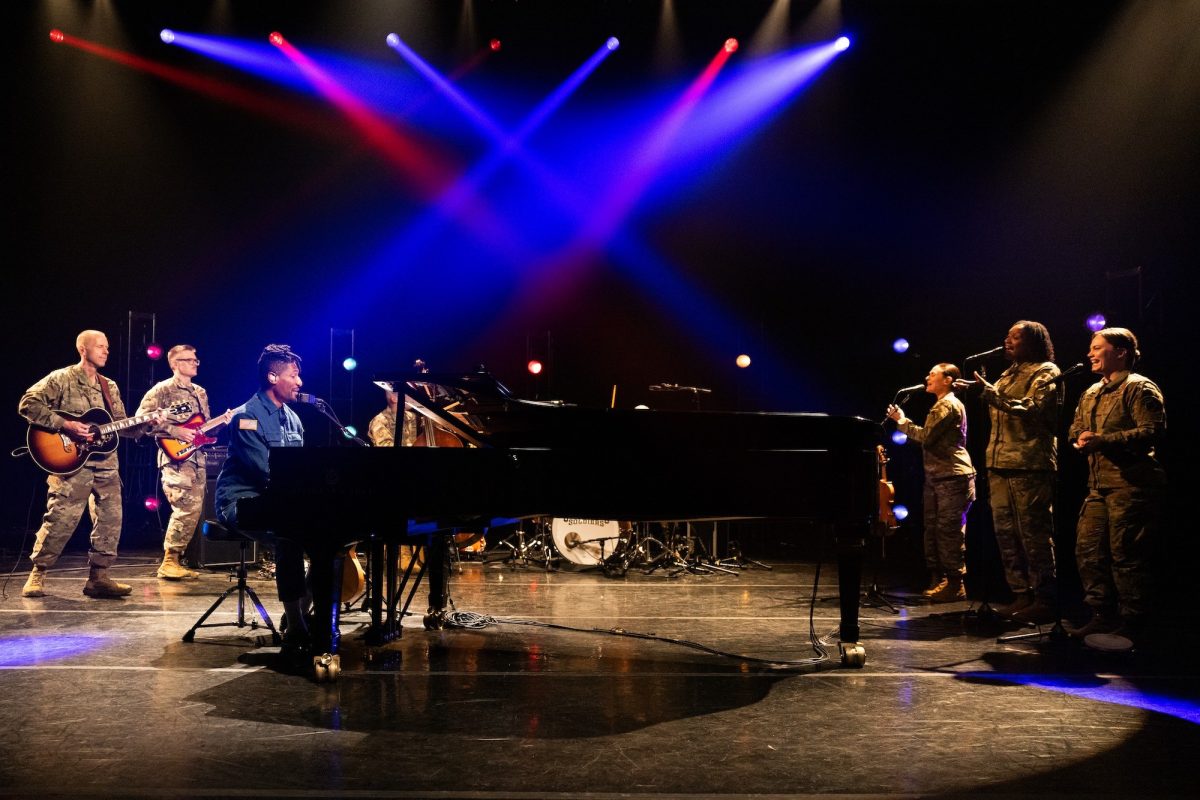 Soldiers from the Six-String Soldiers of the United States Army Field Band collaborate with musician Jon Batiste during a recording session at SUNY Purchase College in Westchester County, New York, May 11, 2026. The recording session supported a PBS production in recognition of Veterans Day and highlighted the Army Field Band’s mission to connect with Americans, honor veterans and inspire future generations through music and outreach. (U.S. Army photo by Staff Sgt. Raymond Maldonado)
